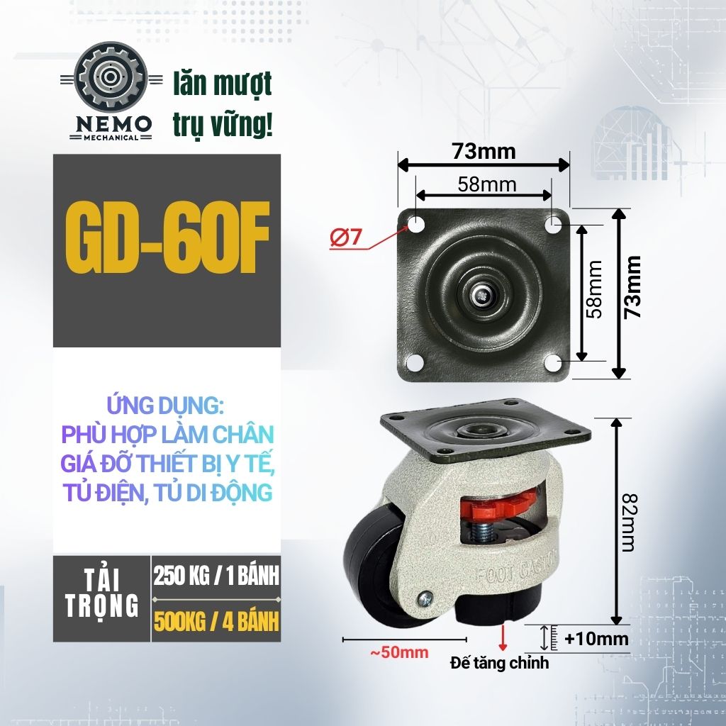 Bánh Xe Liền Chân Tăng Chỉnh Độ Cao GD – Chống Rung, Chịu Tải Nặng (GD-40F, 60F, 80F, 100F)